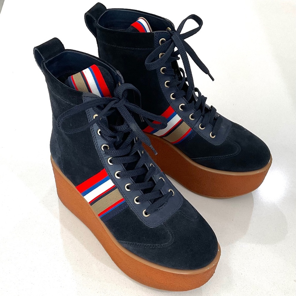 TORY BURCH STRIPED HIGH TOP PLATFORM SNEAKER SUEDE/TRIM | SIZE U.S. 8.5